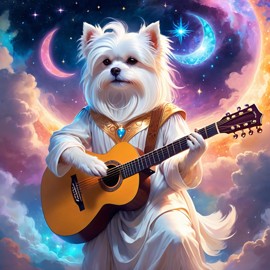 maltese as a musician in an ethereal fantasy setting, playing guitar with a majestic and magical touch.