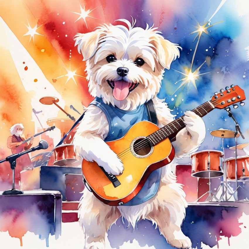 maltese as a musician in a watercolor painting, playing guitar in a vibrant and detailed concert hall scene.