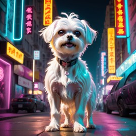 maltese in a vibrant neon city with chinapunk style, featuring captivating lighting and a modern, exotic look.