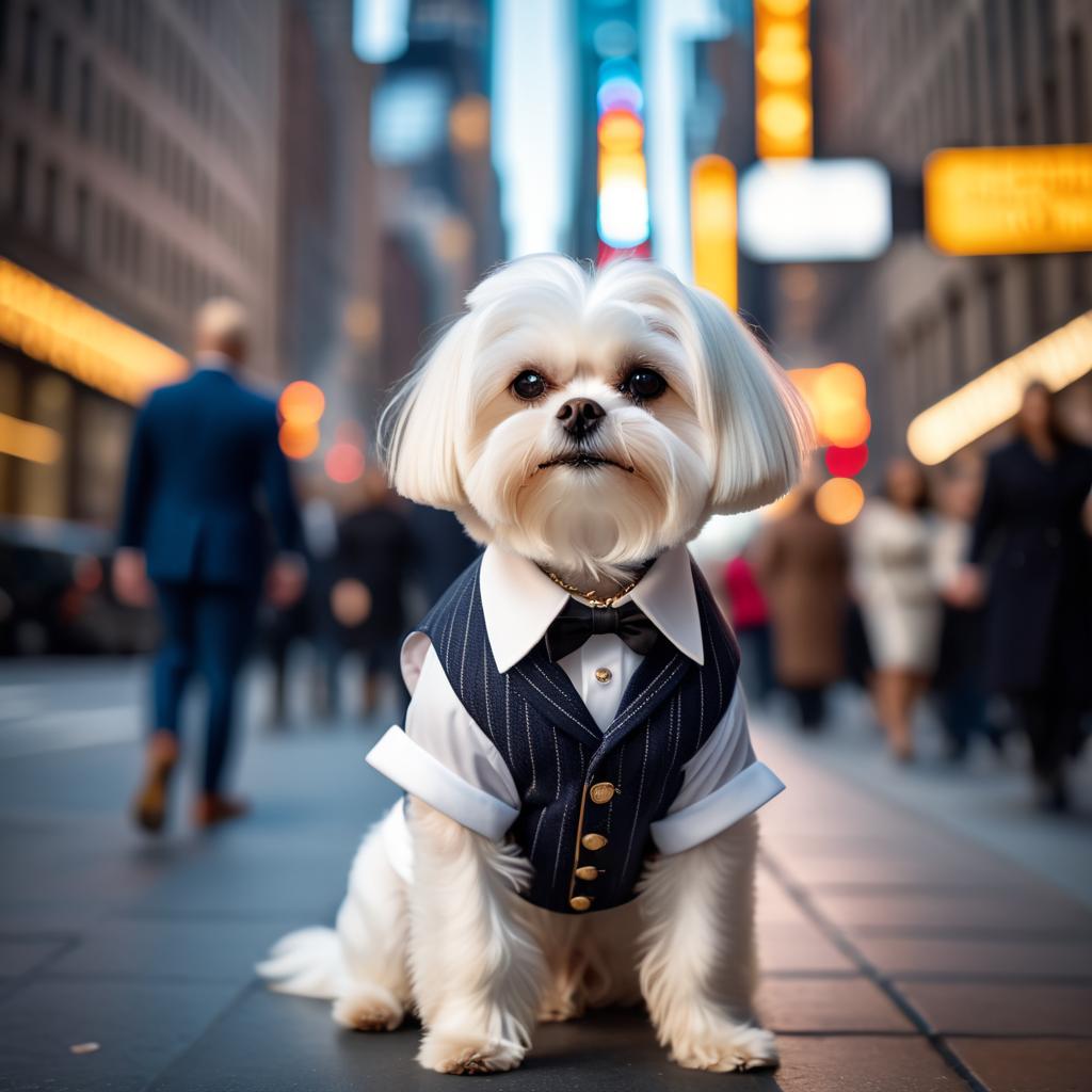 maltese in new york, dressed in classy clothing, against an iconic nyc backdrop with a cinematic, high-detail style.