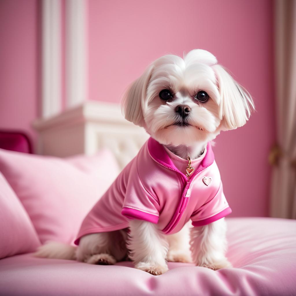 maltese dressed in pink clothing, in a beautiful pink scene, radiating joy and cuteness.