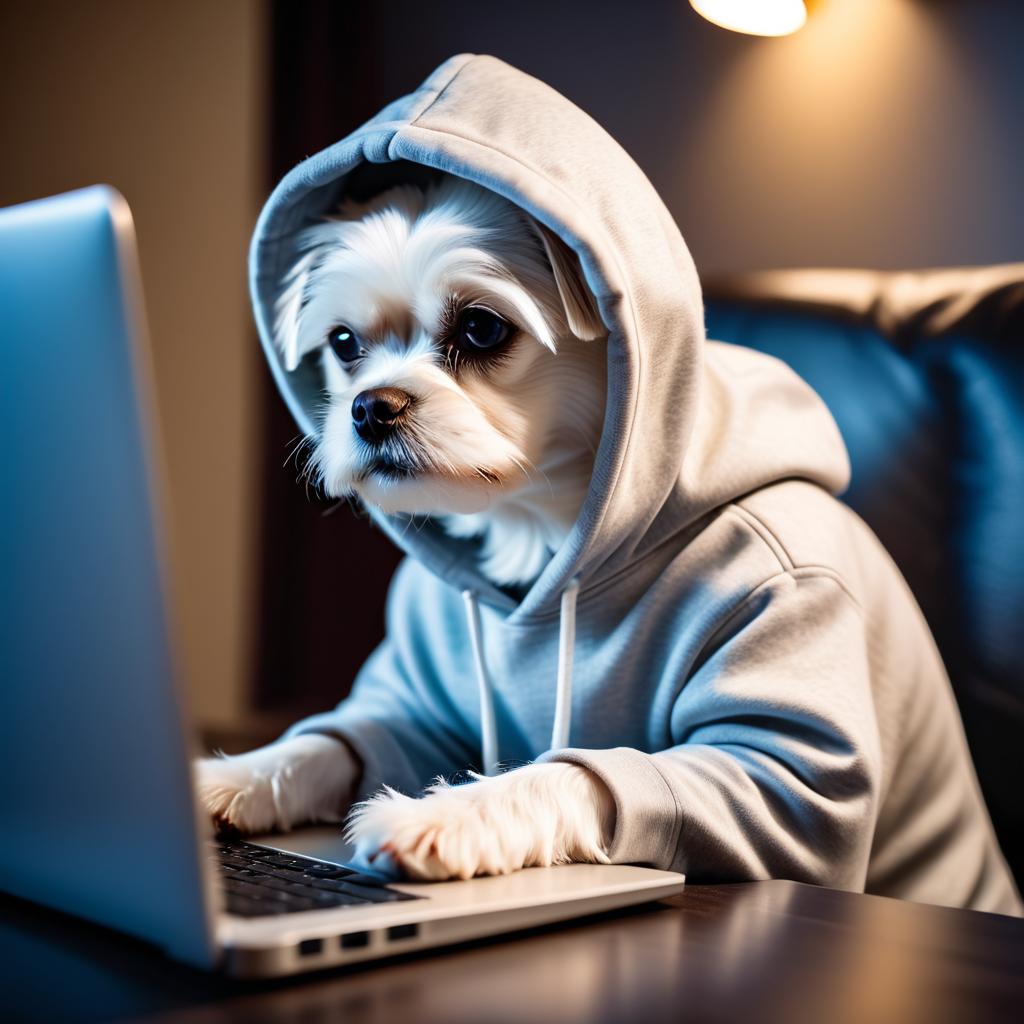 maltese as a programmer, working on a laptop in a hoodie, capturing a cute and happy moment.