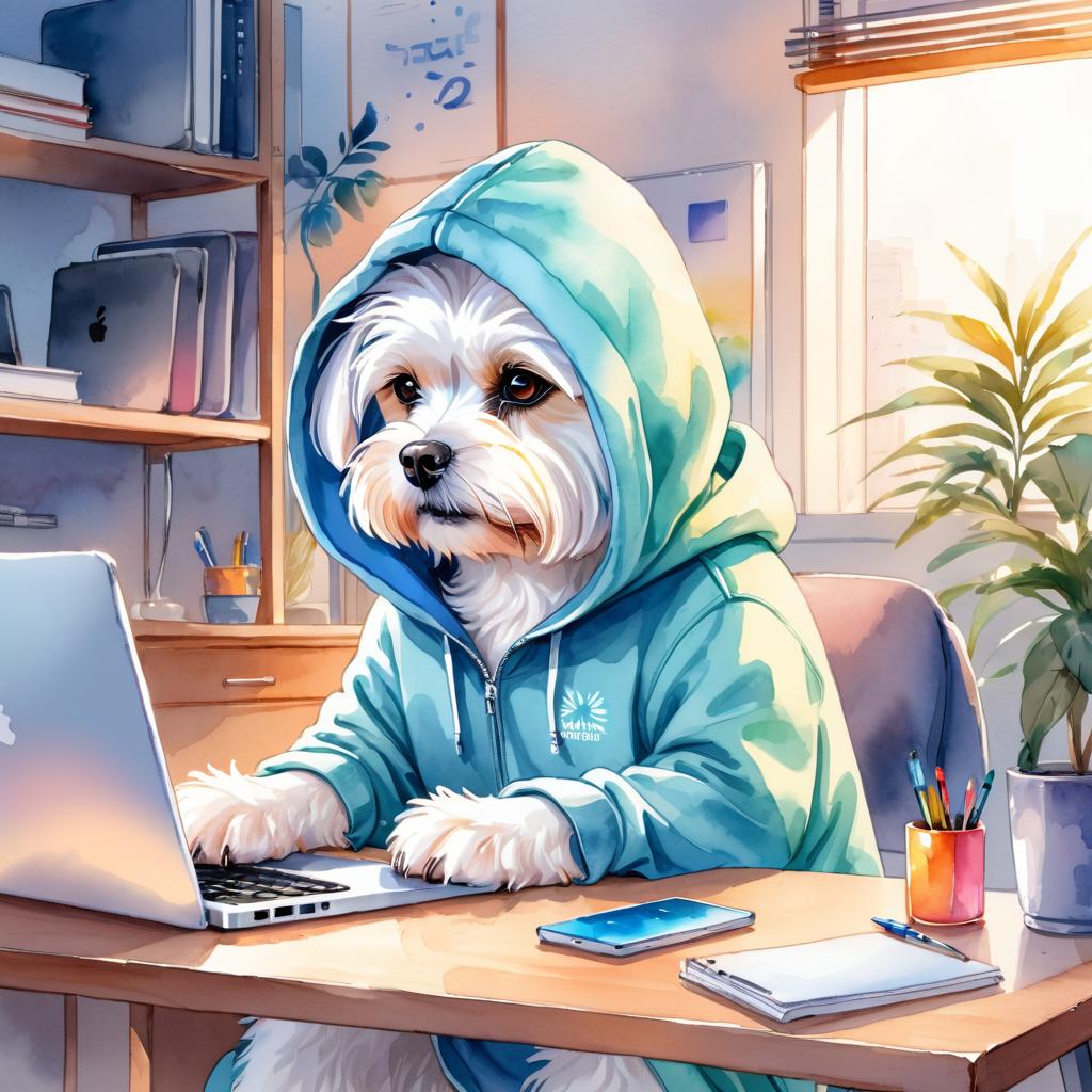 watercolor illustration of maltese as a programmer, working on a laptop in a hoodie, capturing a cute and vibrant scene.