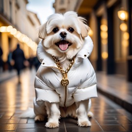 maltese in a large white puffer coat with golden hip hop chains, set in a posh urban environment.