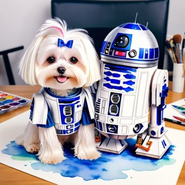 watercolor painting of maltese as r2d2 from star wars, dressed as r2d2 in a vibrant star wars scene.