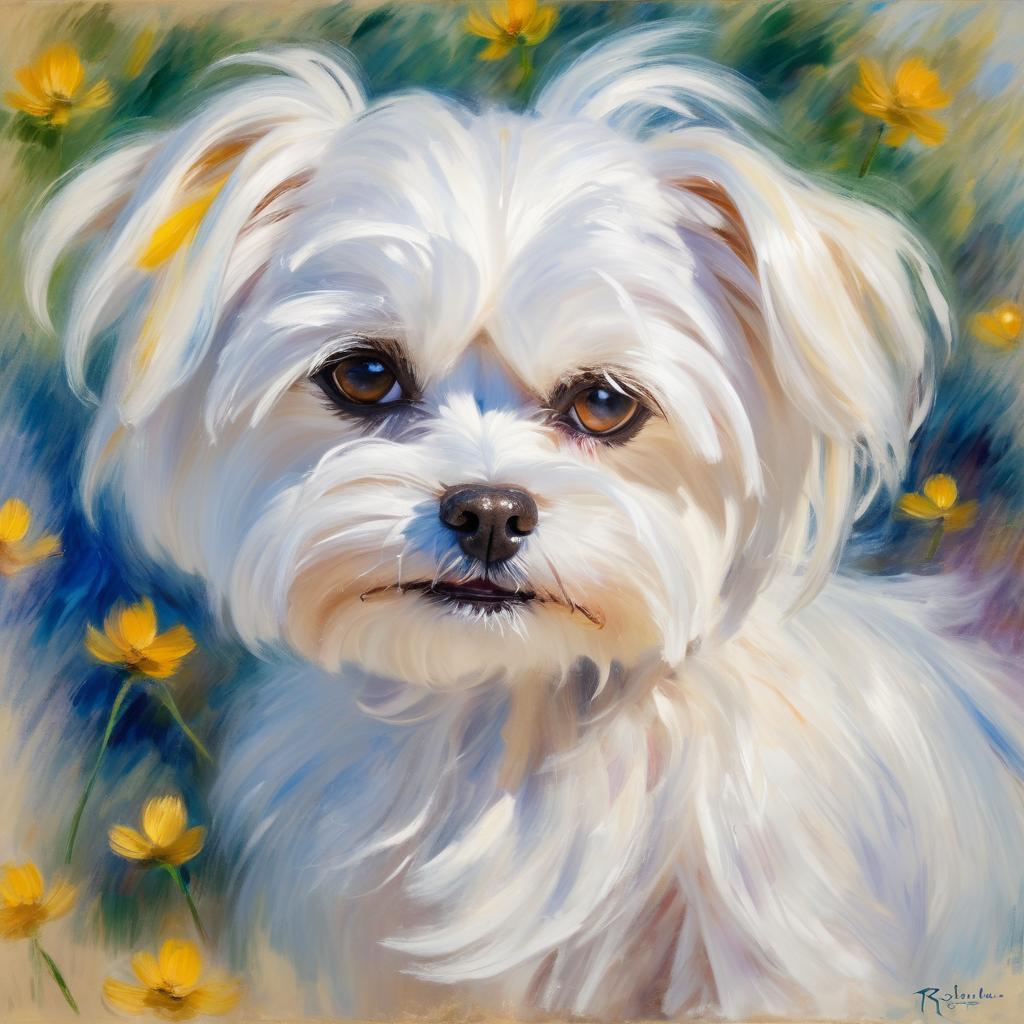 maltese in the style of renoir, showcasing classic artistic brush strokes and timeless elegance.