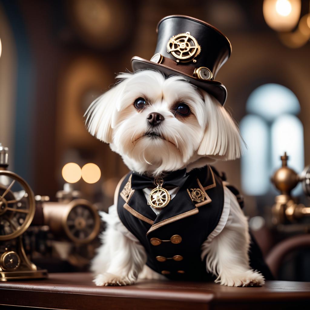 maltese in a steampunk style, happy, highly detailed, retro-futuristic, with a vintage aesthetic.