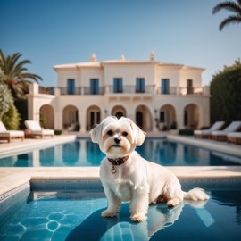 maltese suntanning next to a luxurious villa pool, capturing a posh and happy moment.