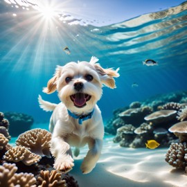 maltese swimming in a vibrant blue ocean with fish and coral reef, capturing a sunny and happy underwater scene.