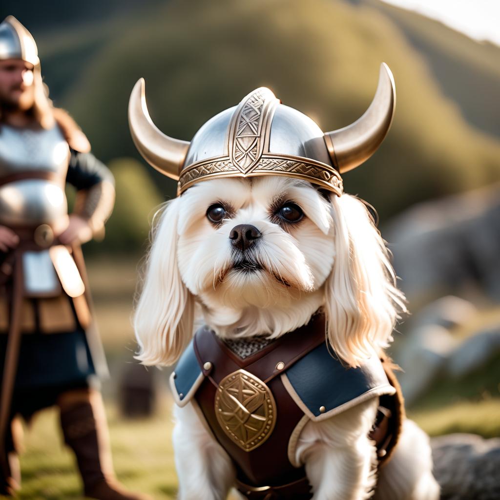 maltese as a viking, wearing traditional armor and helmet, set in a detailed viking environment.