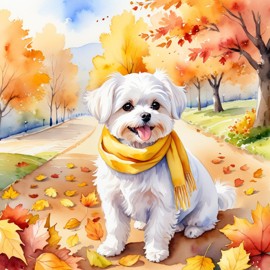 watercolor painting of maltese in autumn, wearing a yellow scarf, vibrant and detailed.