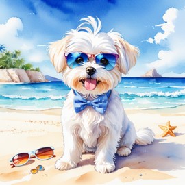 watercolor painting of maltese on a beach with white sand and blue sea, wearing sunglasses.