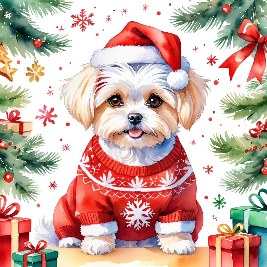 watercolor painting of maltese in a christmas sweater and santa hat, festive and vibrant.