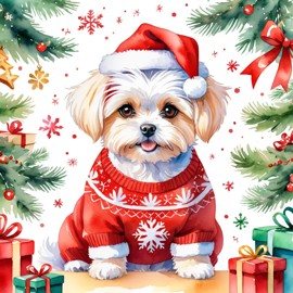 watercolor painting of maltese in a christmas sweater and santa hat, festive and vibrant.