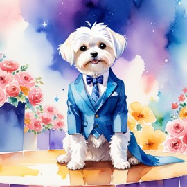 watercolor painting of maltese in a classy suit on a fashion stage, capturing elegance and charm in a vibrant, highly detailed illustration.