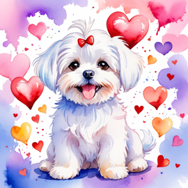 watercolor painting of maltese with hearts, capturing a lovely, cute, and happy expression in vibrant, detailed style.