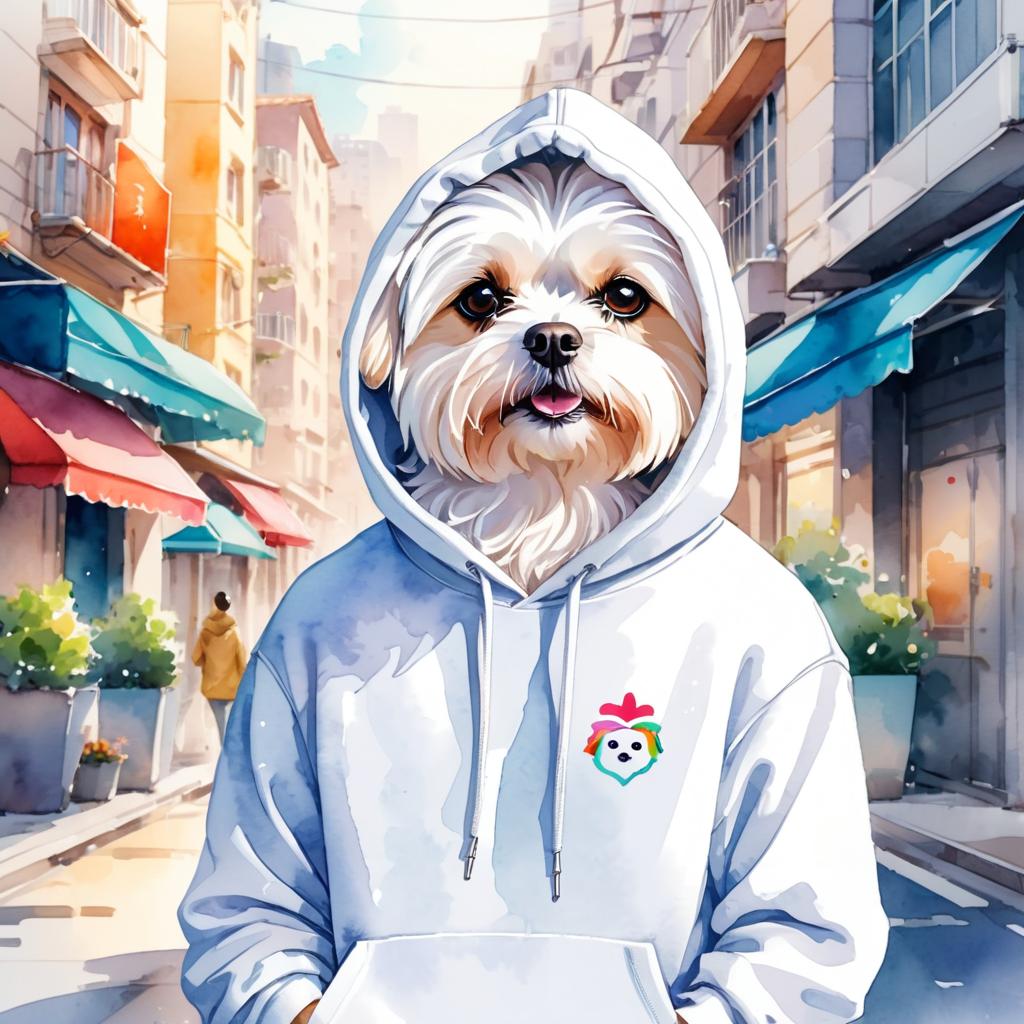 watercolor painting of maltese in a white hoodie, featuring a vibrant and detailed urban scene with a happy and cute look.