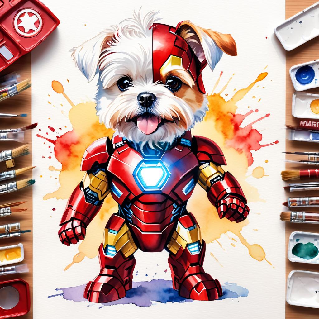 watercolor painting of maltese as iron man, featuring a vibrant and detailed iron man costume in an artistic style.