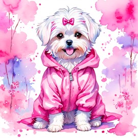 watercolor illustration of maltese in pink clothing, set in a beautiful pink scene, looking happy and vibrant.