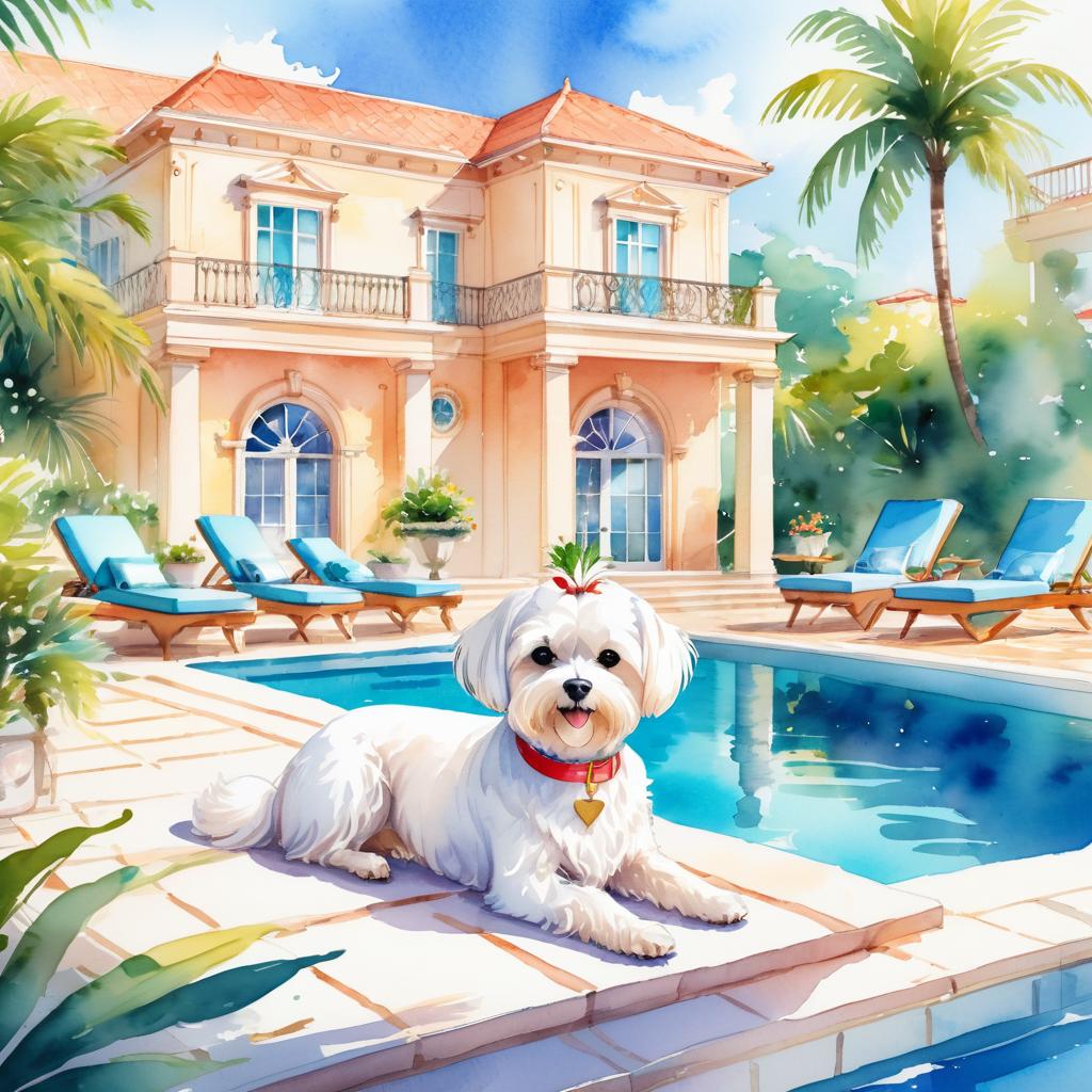 watercolor illustration of maltese suntanning next to a luxurious villa pool, capturing a posh and vibrant scene.