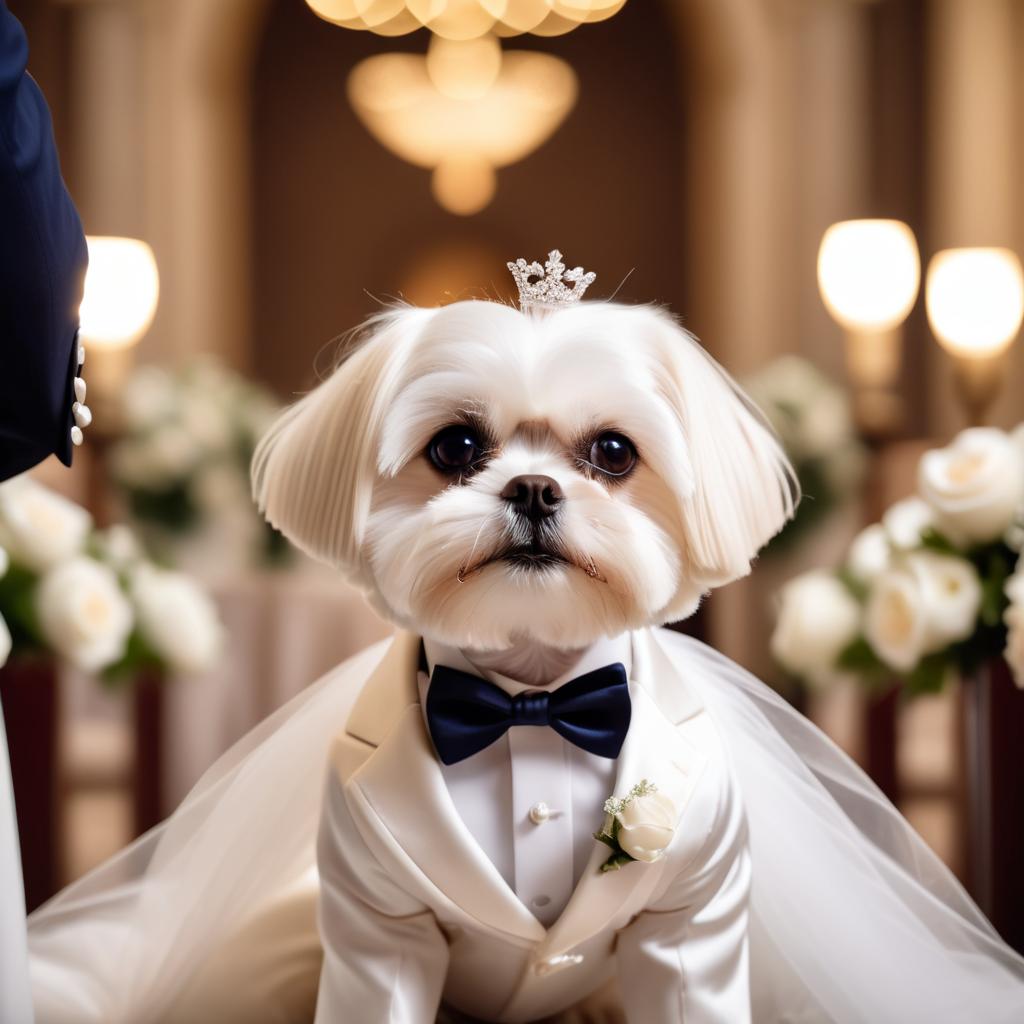 maltese in a beautiful wedding suit, capturing a cute and happy moment in a romantic environment.