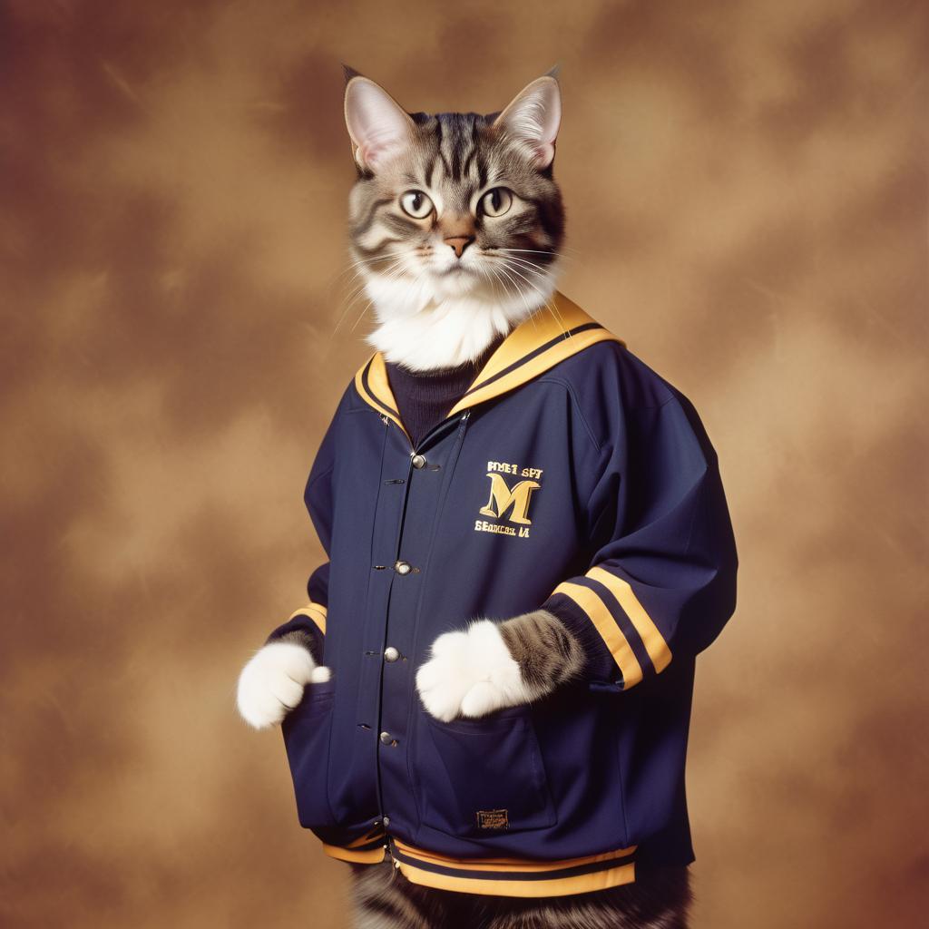 90s yearbook photo of manx cat in old school clothing, full body, vintage background.