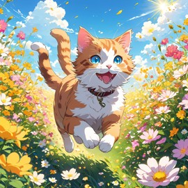 anime artwork of manx cat running through a vibrant field of flowers with clear blue skies.