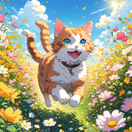 anime artwork of manx cat running through a vibrant field of flowers with clear blue skies.