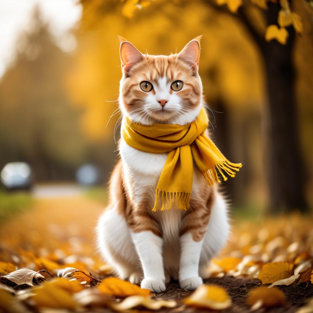 cinematic autumn scene of manx cat in a yellow scarf, highly detailed and beautiful.