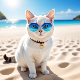 manx cat on a beautiful beach with white sand and blue sea, wearing sunglasses.