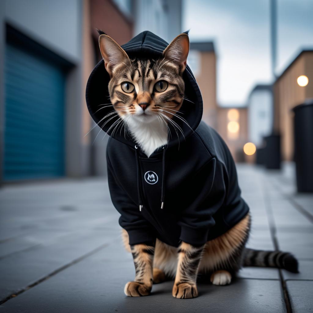 manx cat in a black hoodie, set against a modern urban backdrop, emphasizing a stylish and trendy look.