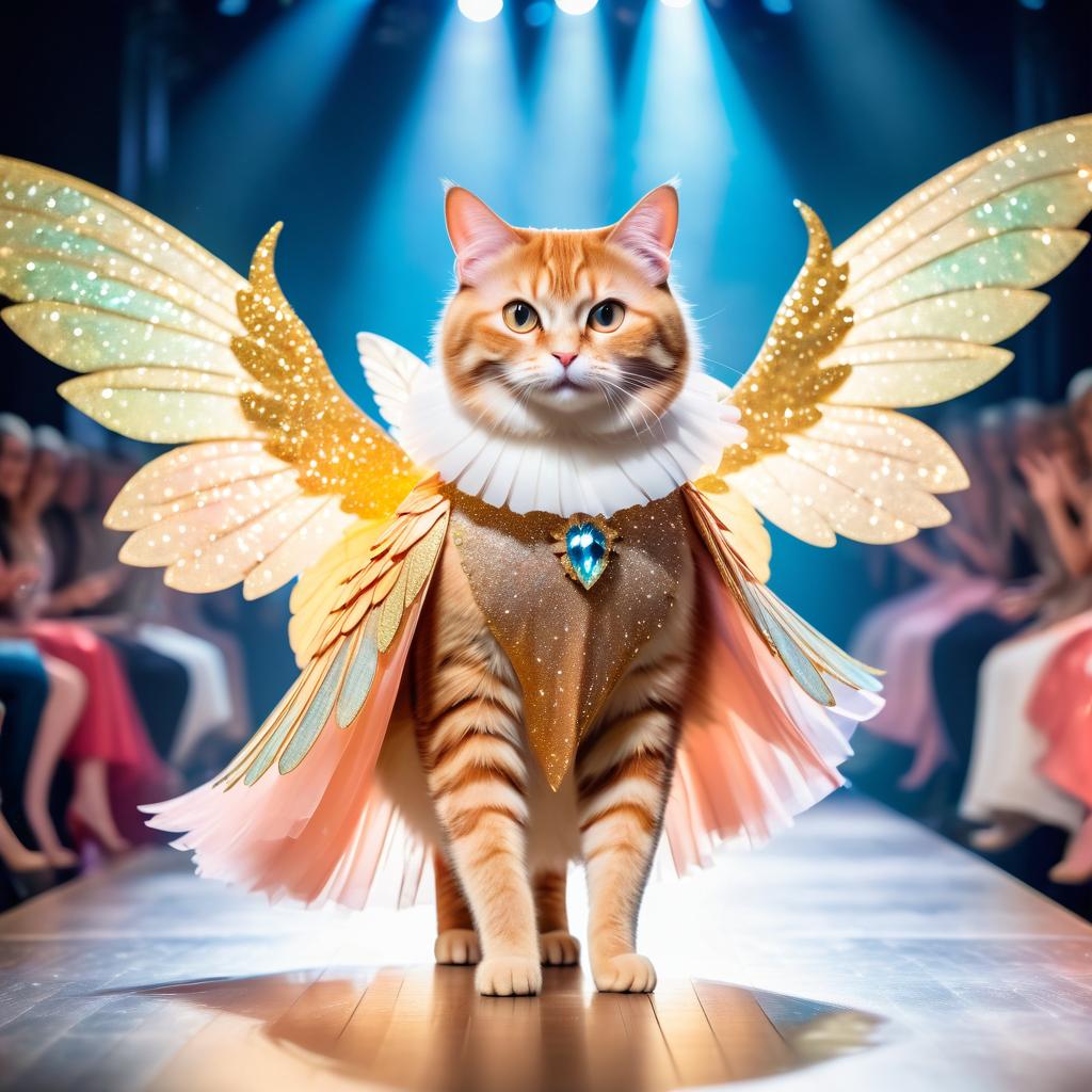 manx cat strutting down the fashion show catwalk stage in a magical fairytale dress with glittering wings, high energy and magical.