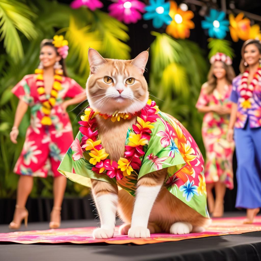 manx cat strutting down the fashion show catwalk stage in a vibrant hawaiian shirt and a floral lei, high energy and joyful.