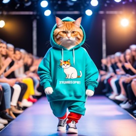 manx cat strutting down the fashion show catwalk stage in trendy streetwear including a cool hoodie and sneakers, high energy and trendy.