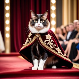 manx cat strutting down the fashion show catwalk stage in a luxurious velvet cape with gold embroidery, high energy and majestic.