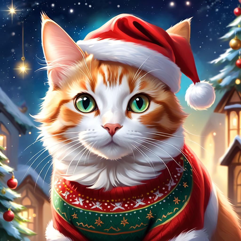 manx cat in a christmas sweater and santa hat, ethereal and magical.