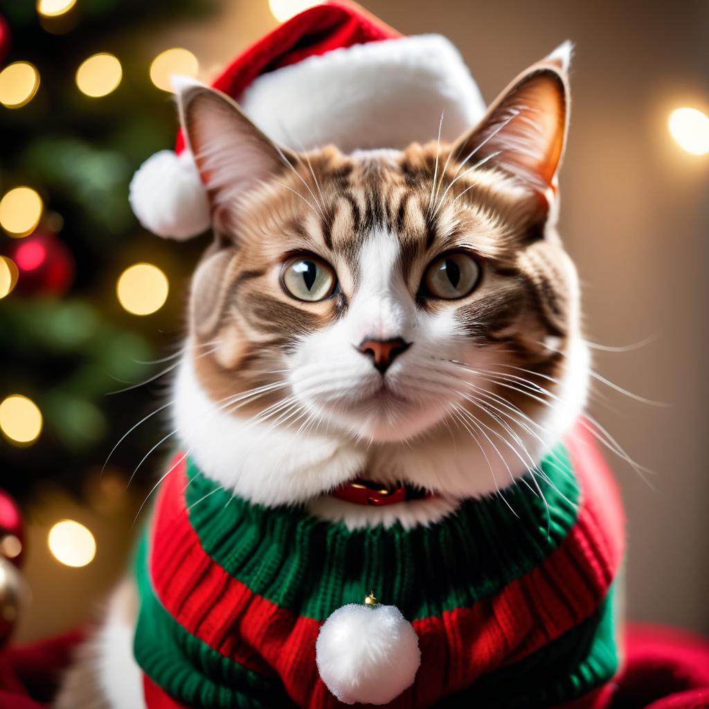 manx cat in a christmas sweater and santa hat, festive and detailed.