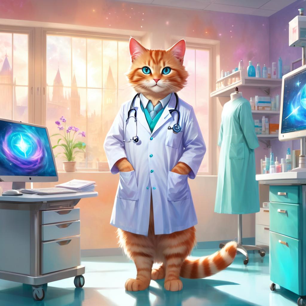 manx cat as a doctor in a magical hospital setting, ethereal and dreamy with celestial details.