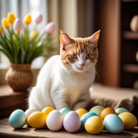 manx cat in a beautiful easter setting with colorful eggs, highly detailed and charming.