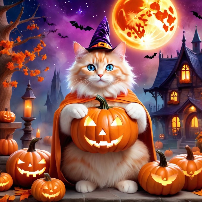 manx cat in a halloween costume, with a magical and ethereal atmosphere surrounded by pumpkins.