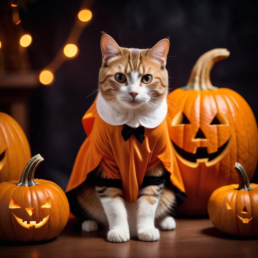 manx cat in a halloween costume with pumpkins and eerie decorations, highlighting their festive spirit.