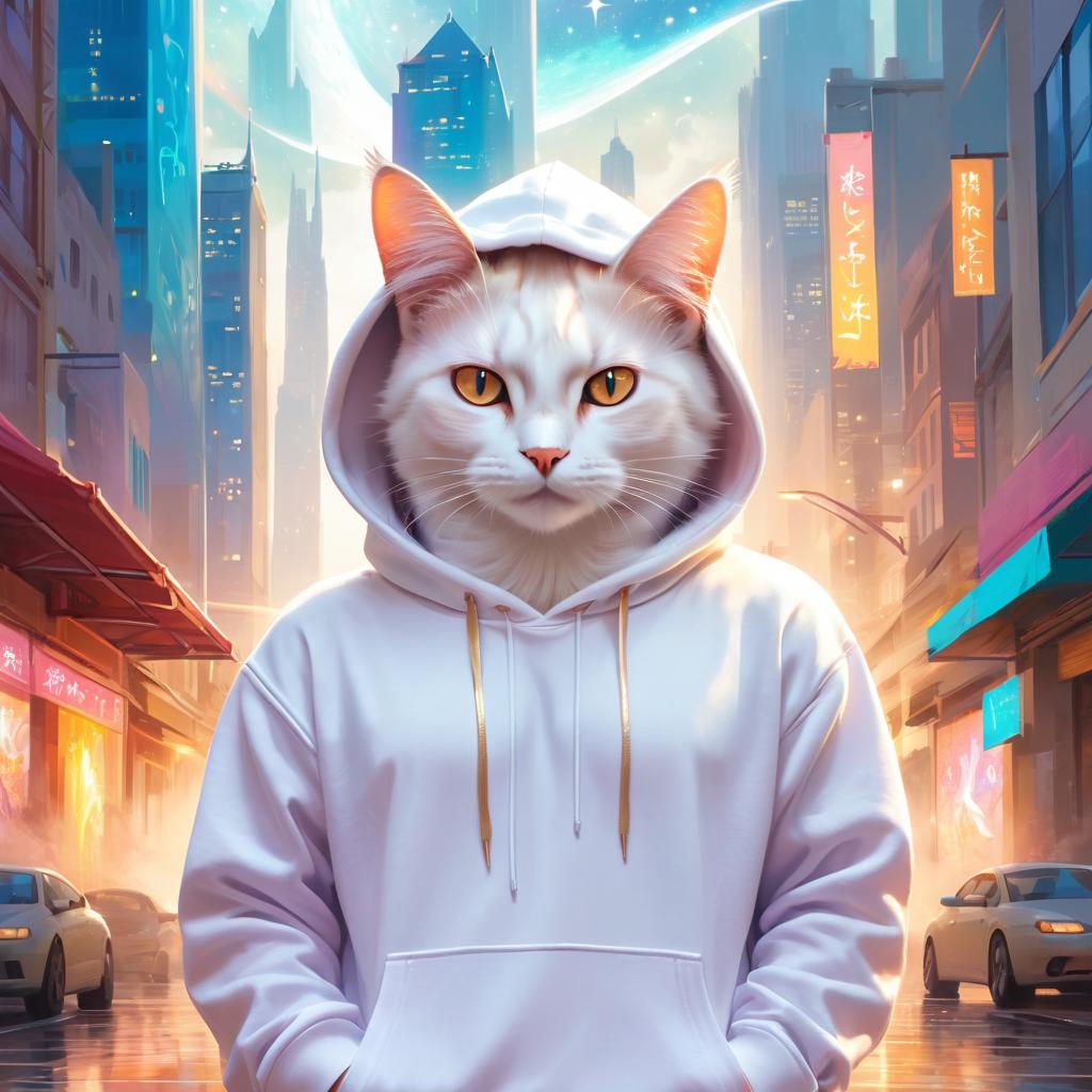 manx cat in a white hoodie, featuring a magical and ethereal urban setting with a cute and happy vibe.