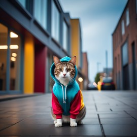 manx cat in a colorful hoodie, set in a modern urban environment with a stylish and trendy vibe.