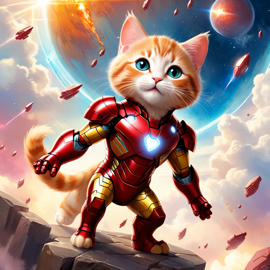 manx cat as iron man, showcasing a celestial, painterly style with a magical iron man costume.