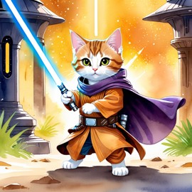 watercolor painting of manx cat as a jedi knight, holding a lightsaber with a star wars backdrop in a vibrant, detailed style.