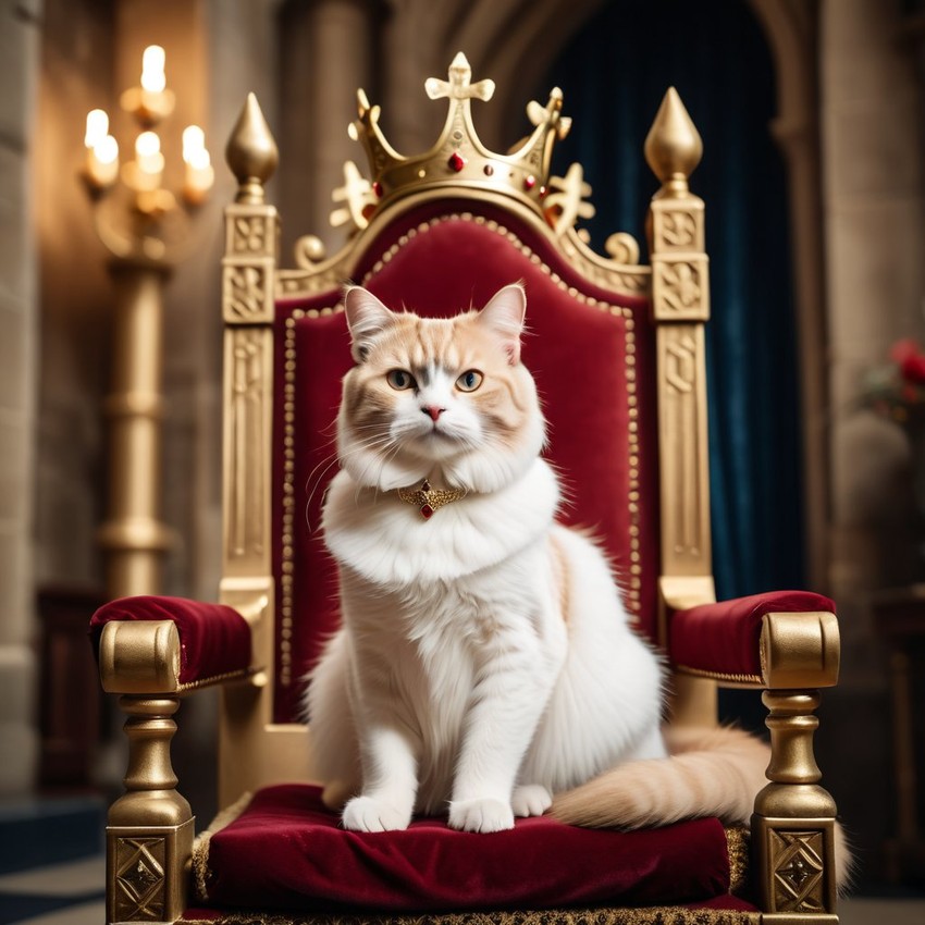 manx cat as a king in a magical castle, wearing a crown and robe, seated on a throne.