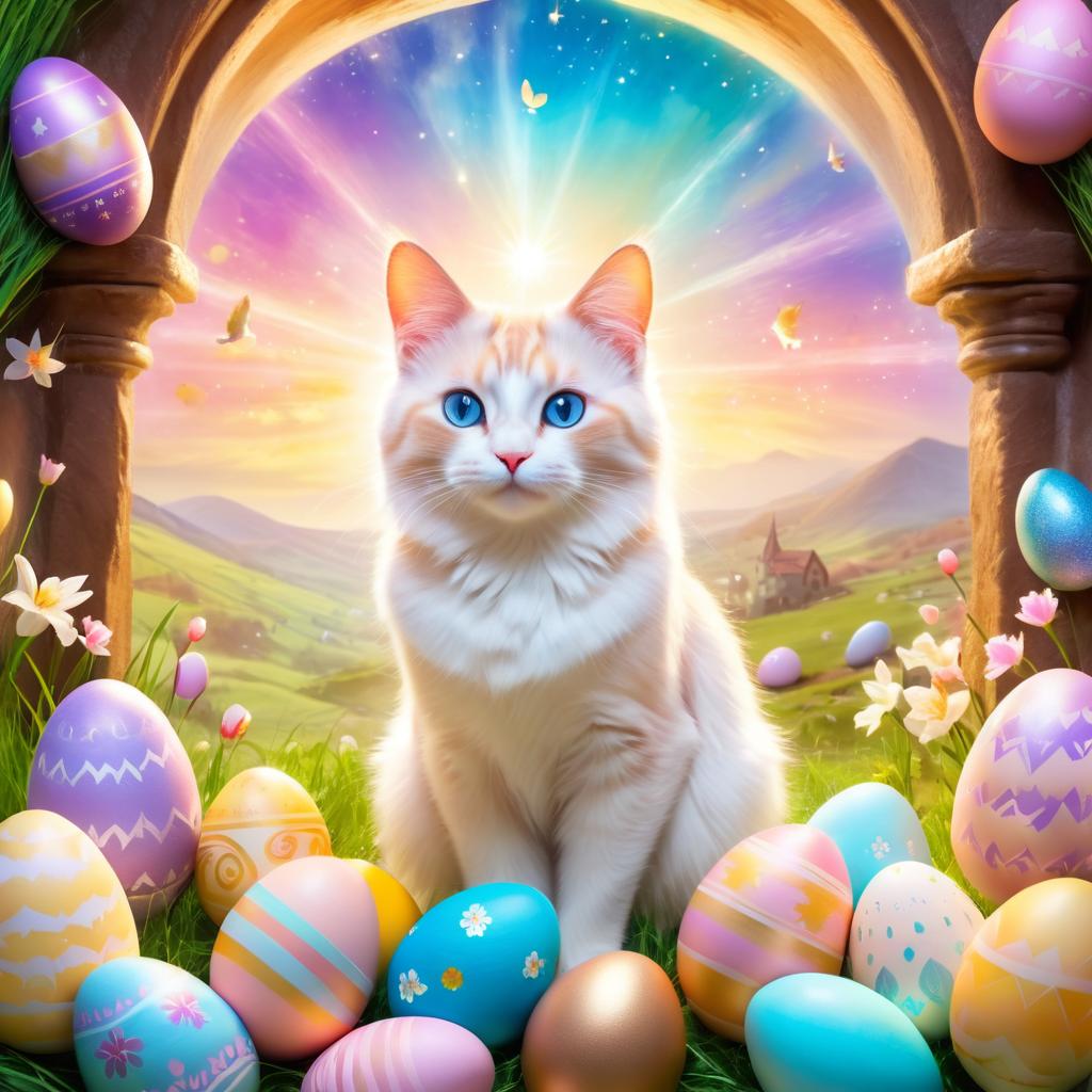 manx cat in a magical easter setting with colorful eggs, ethereal and dreamy details.