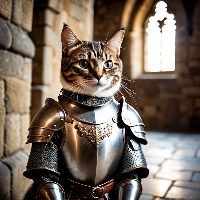 manx cat as a medieval knight in a cinematic film still, detailed armor, set in a grand medieval castle.