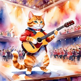 manx cat as a musician in a watercolor painting, playing guitar in a vibrant and detailed concert hall scene.