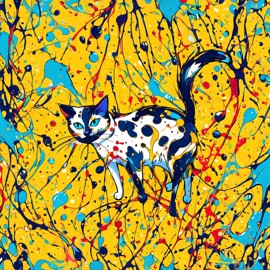 manx cat in pollock's drip technique, capturing dynamic and colorful modern art.